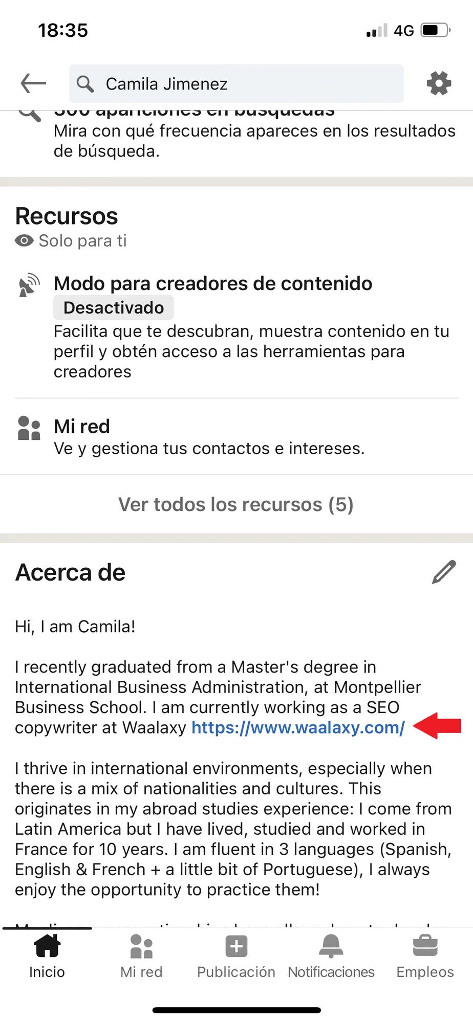 Profil LinkedIn Camila Jimenez SEO copywriter Waalaxy