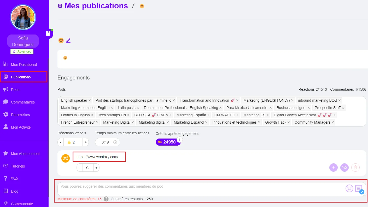 Tableau de bord publications Waalaxy