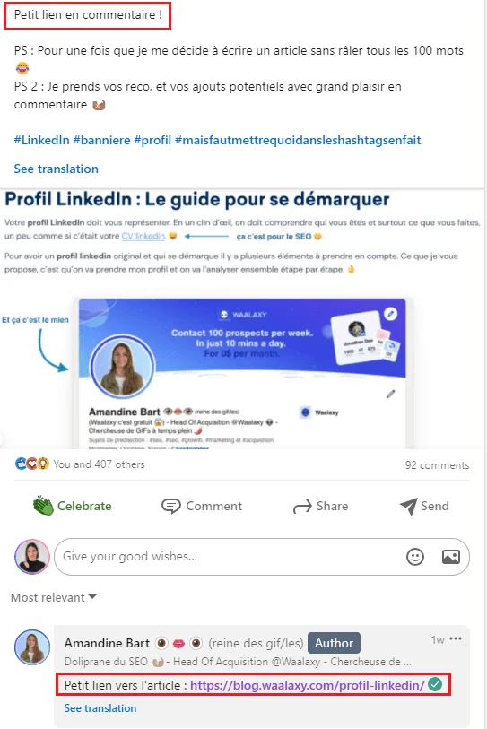 Page LinkedIn, profil d'Amandine Bart, lien vers guide SEO en commentaires.