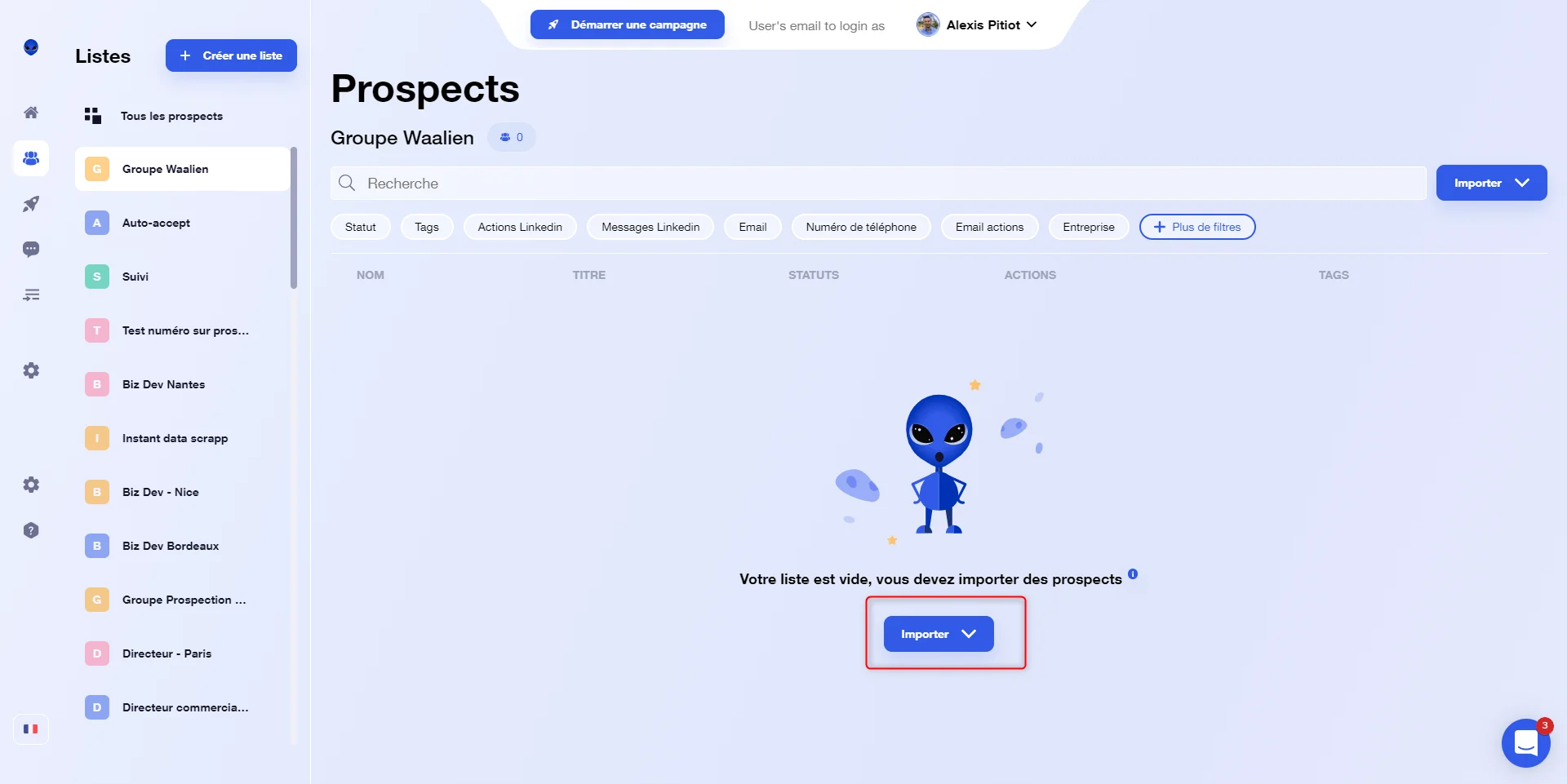 Interface Waalaxy groupe Waalien vide