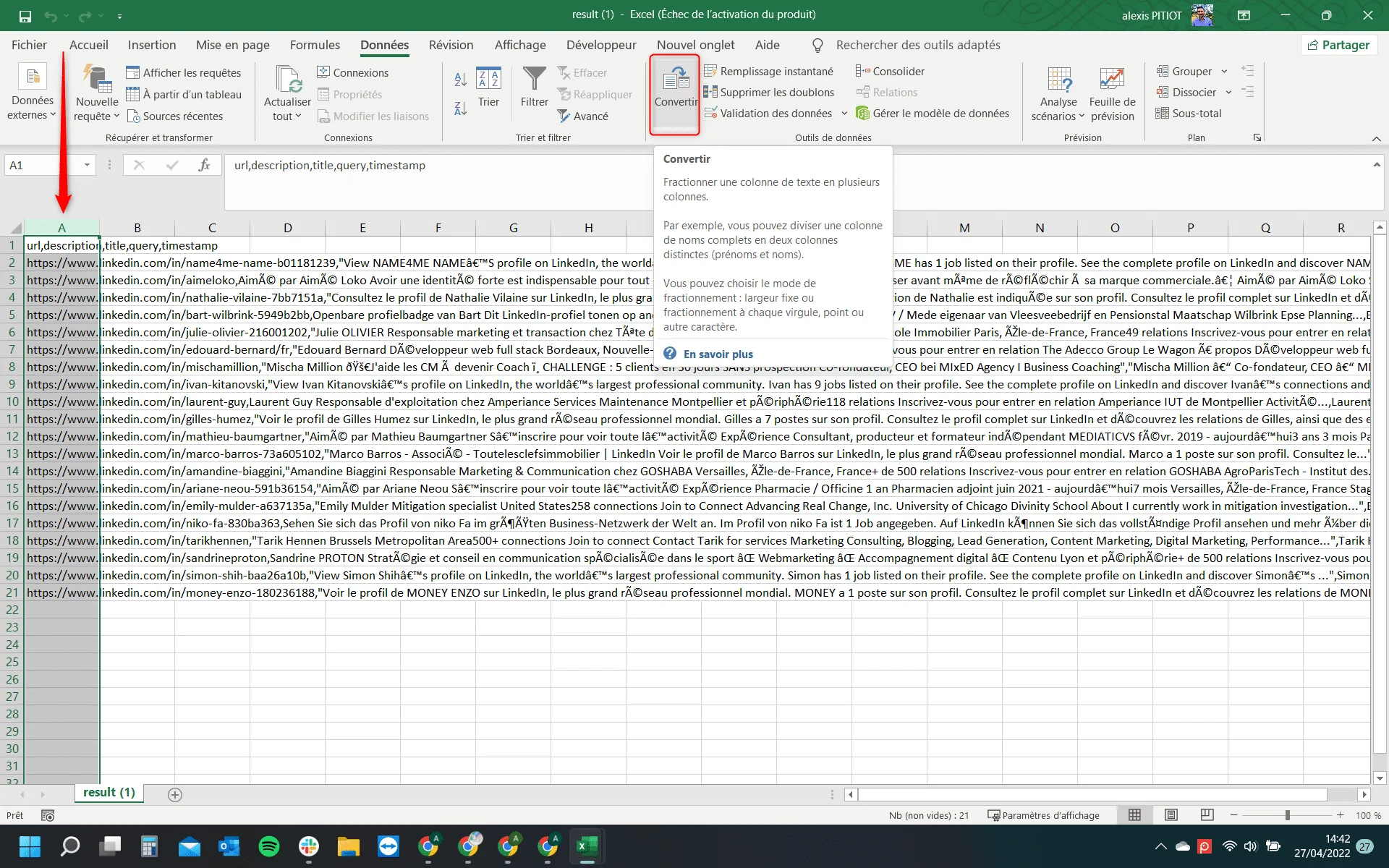Excel données profils LinkedIn URL