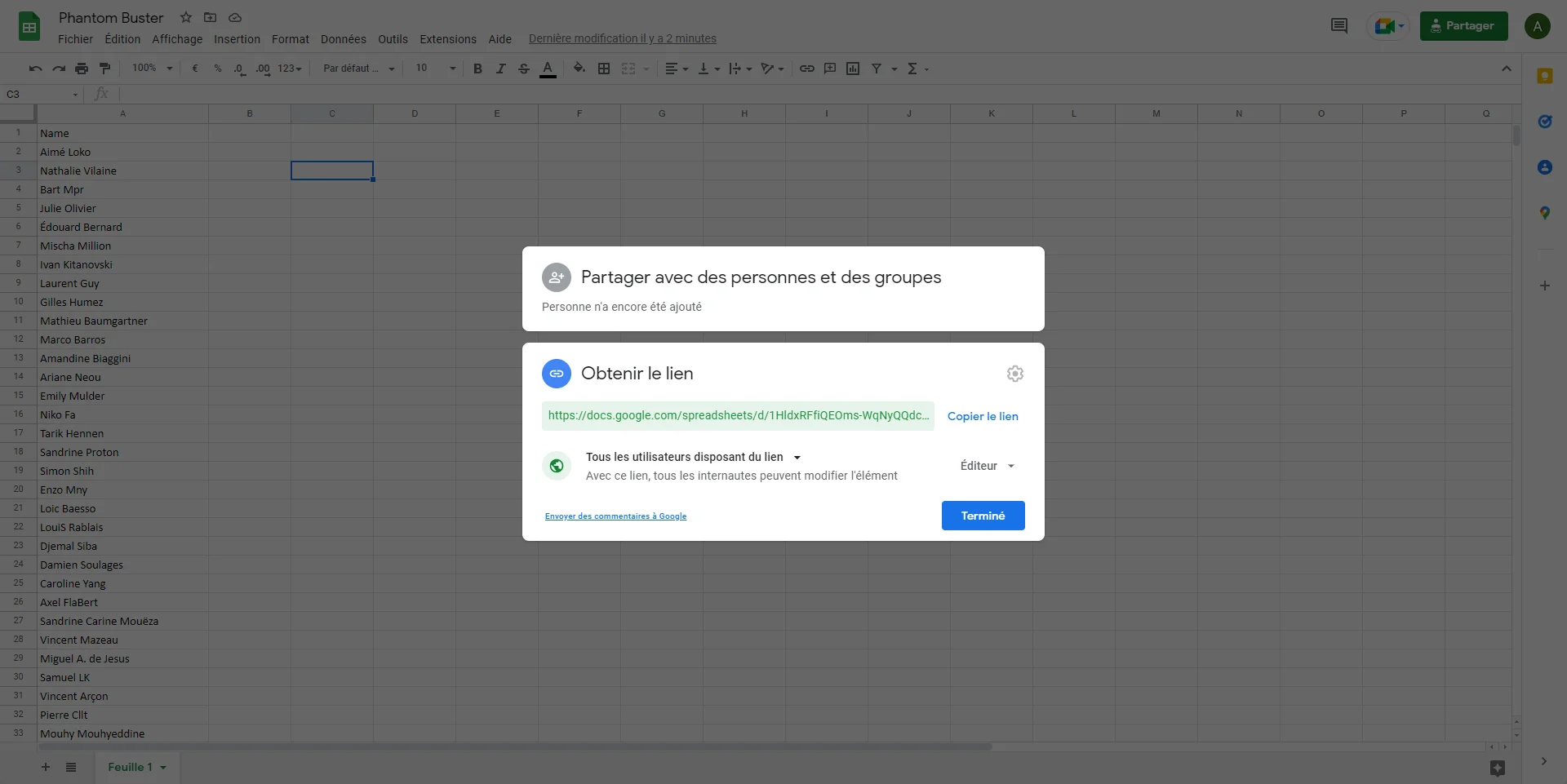 Google Sheets partage collaboratif