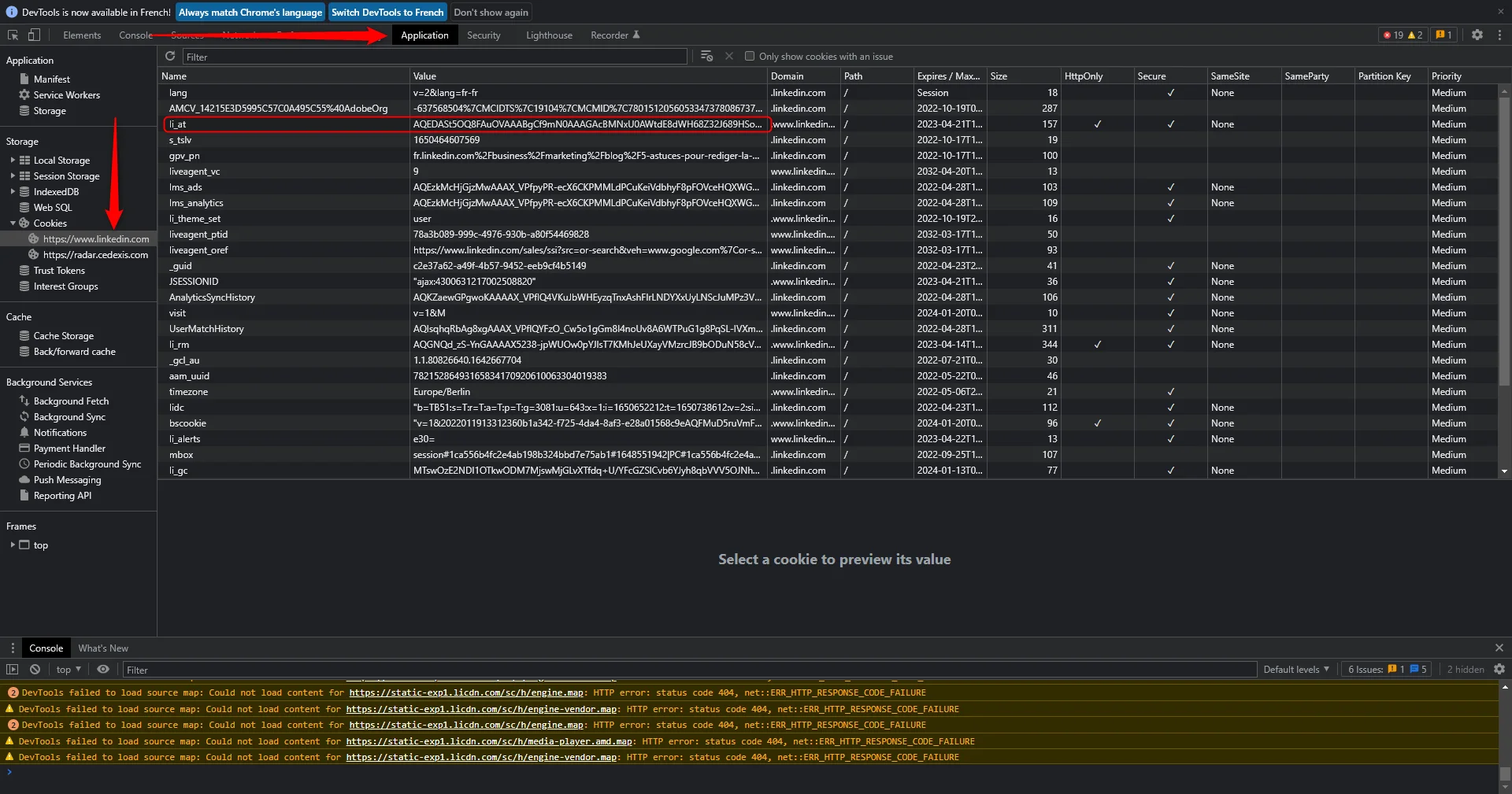 Outil de débogage web, liste des cookies, navigateur Firefox.