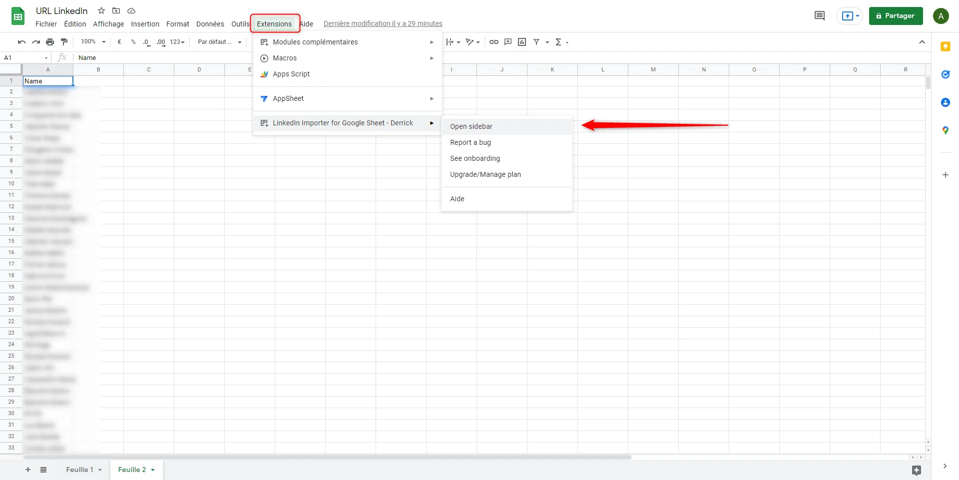 Extension LinkedIn Importer Google Sheet