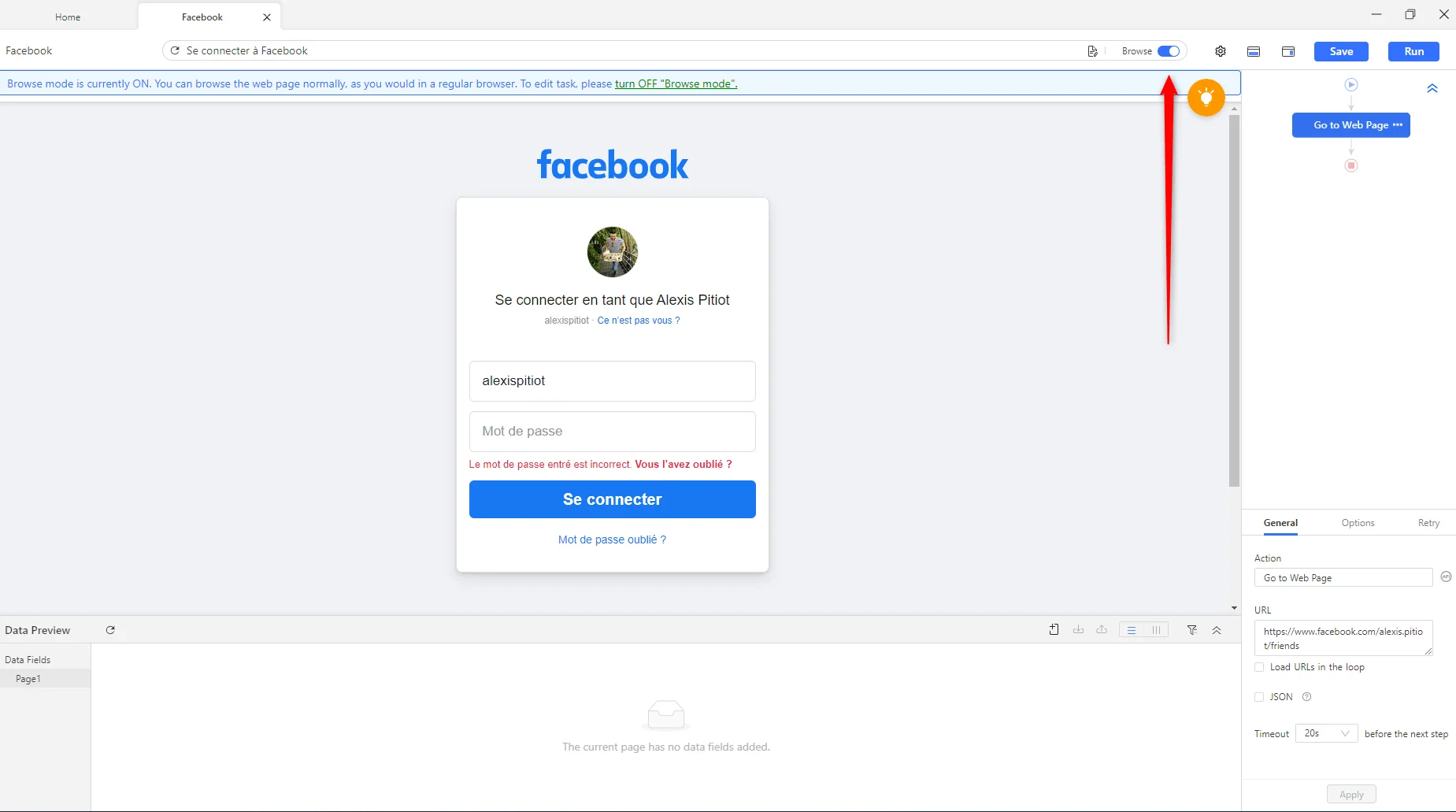 Erreur de mot de passe Facebook