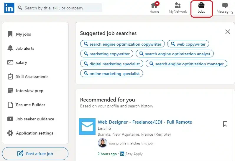 Interface LinkedIn jobs recherche emploi