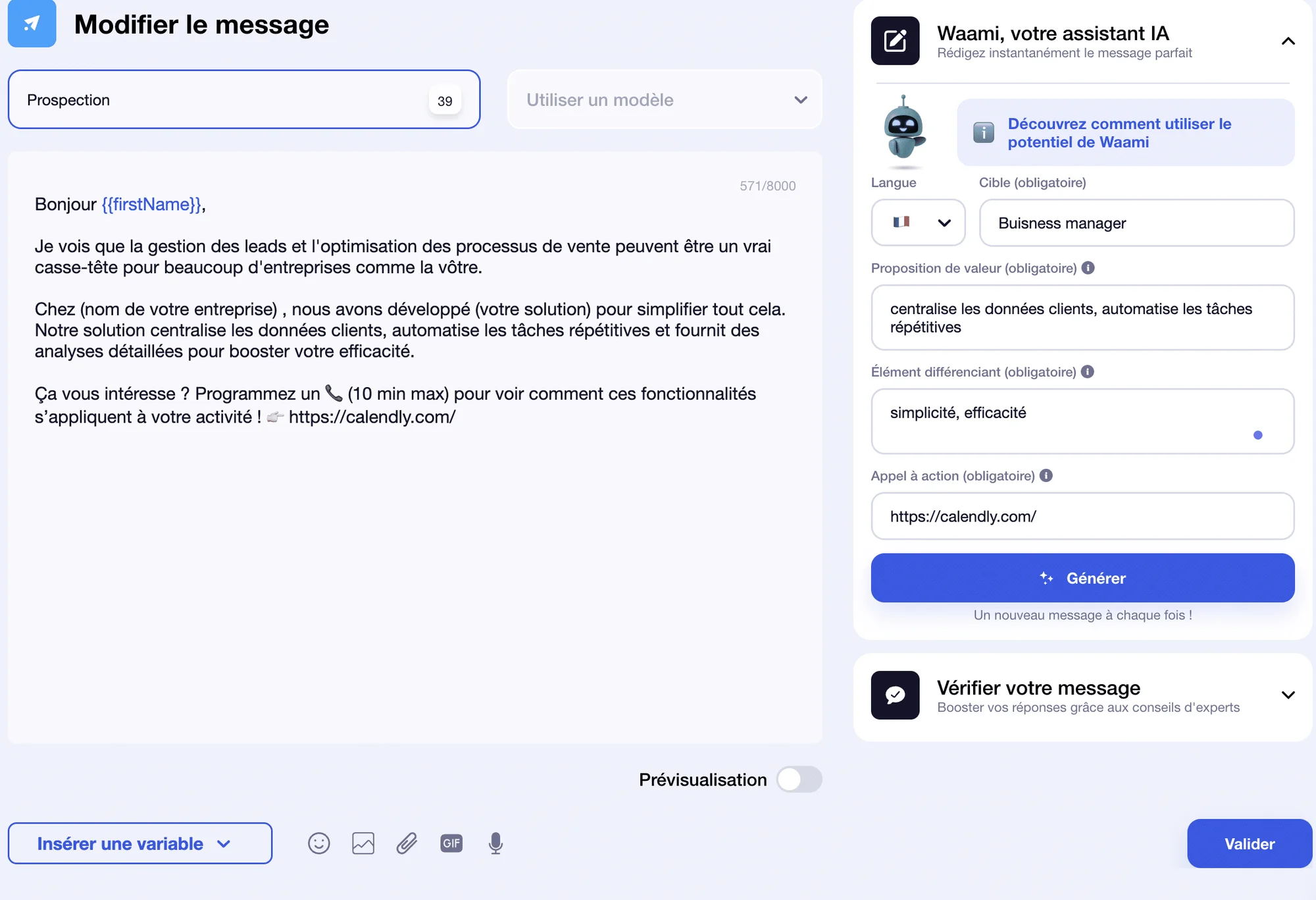 Automatisation de vos messages de prospection, relances et réponses avec l'IA Waami de Waalaxy.
