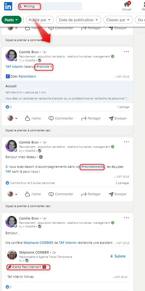Page LinkedIn, profil Camille Brun, section "Recrutement", mentions d'emplois temporaires.