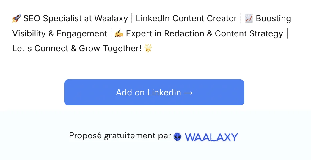 Esempi di risultati di titoli di profili ottimizzati con il generatore di titoli di LinkedIn di Waalaxy.