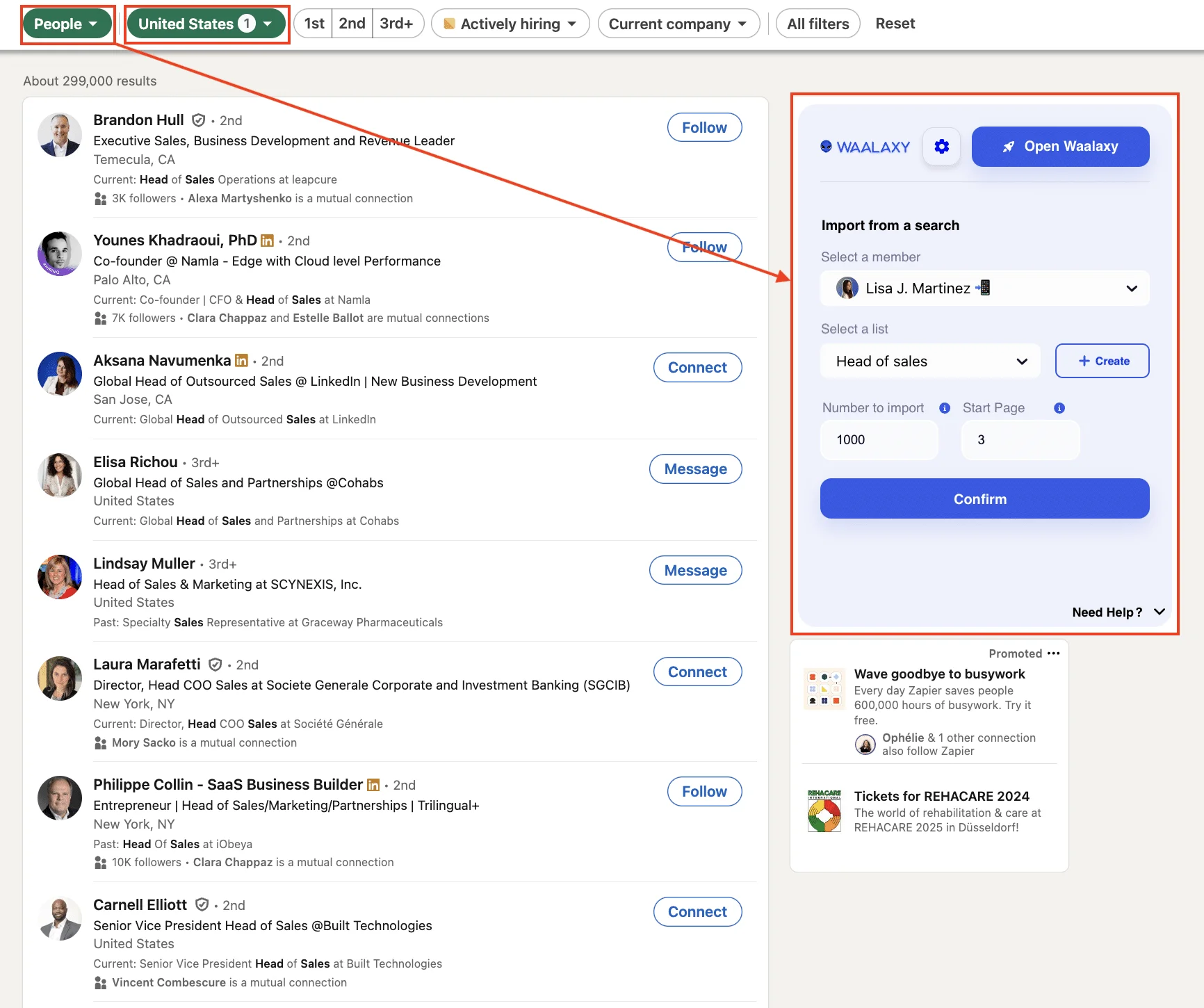 Suchen und importieren Sie Leads von LinkedIn in Waalaxy.