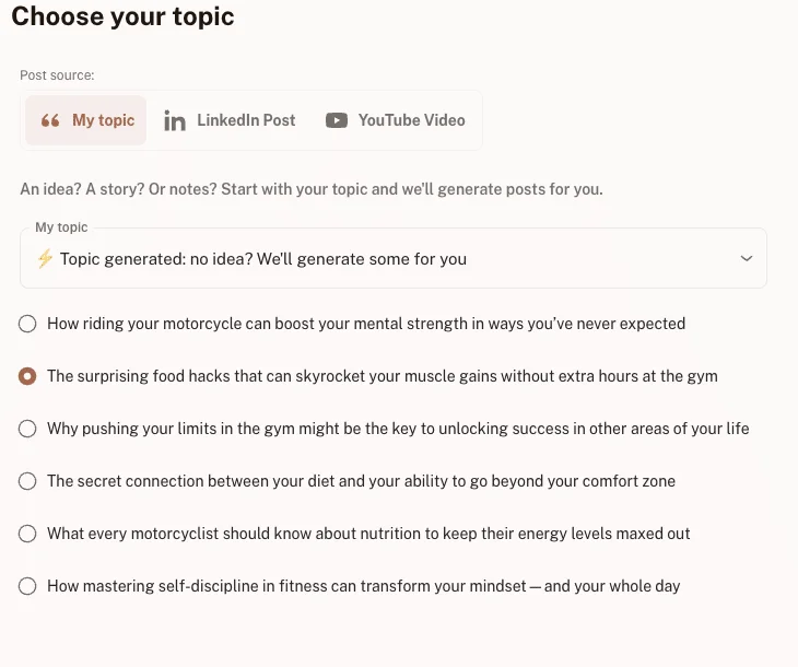 LinkedIn post generator - kawaak topics