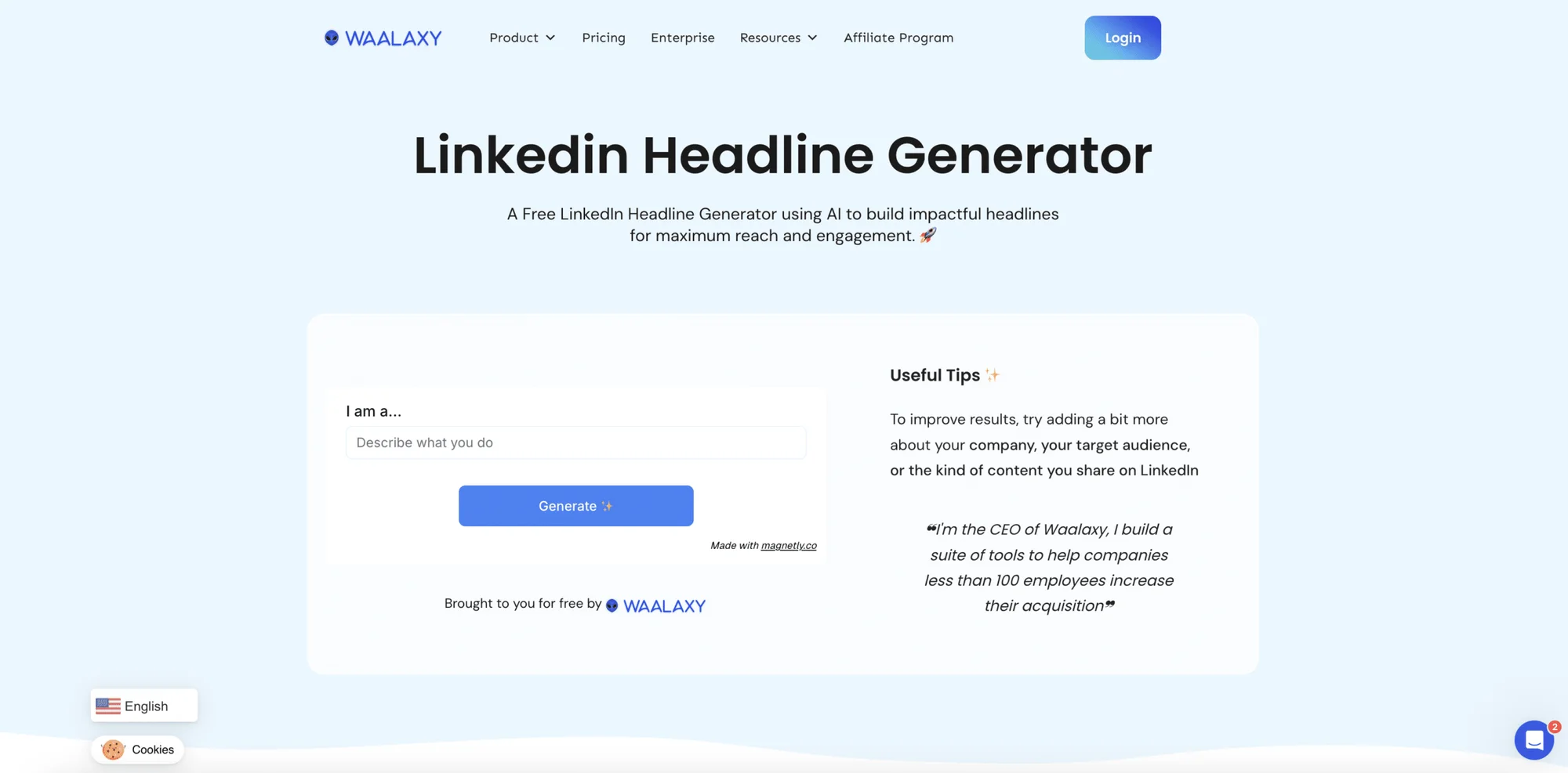 Generador de titulares de LinkedIn de Waalaxy para optimizar el título del perfil.