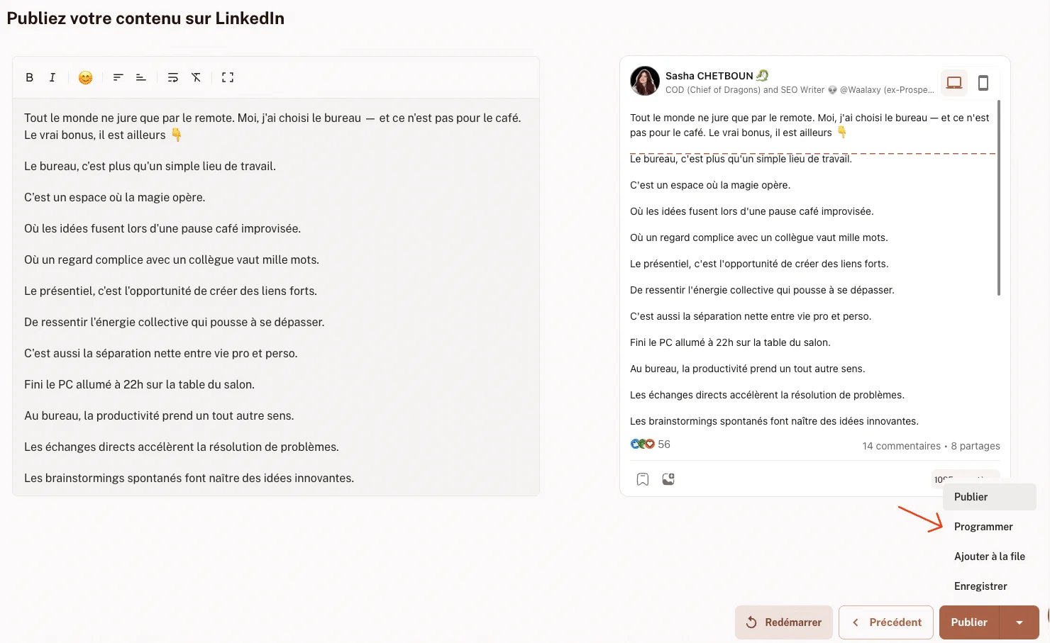 générateur de post LinkedIn - kawaak