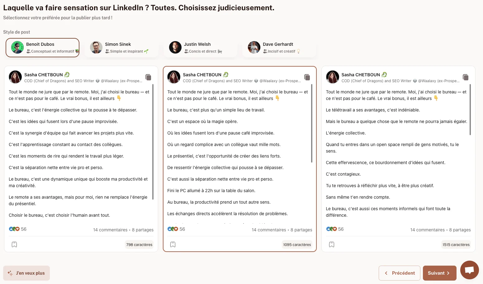 generateur de contenu LinkedIn - style de post