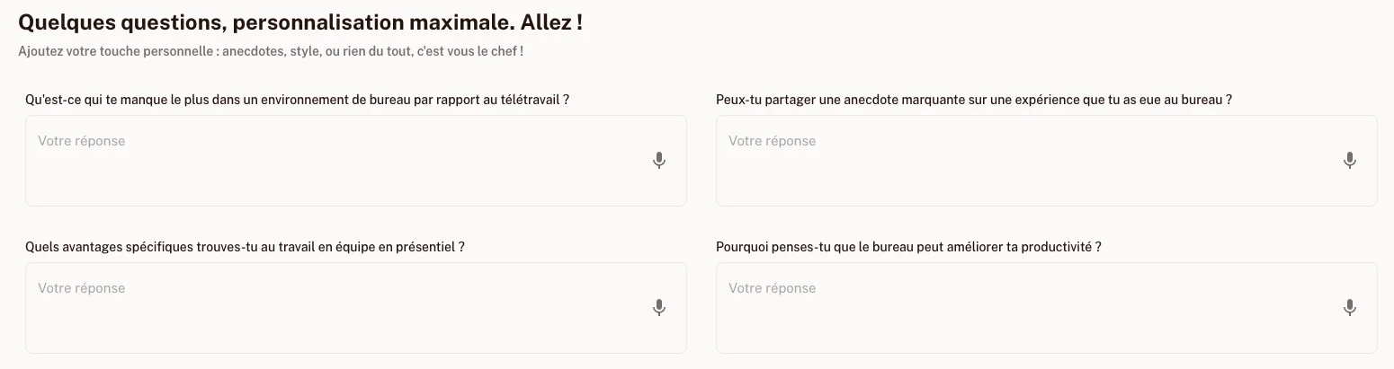 Page web avec des questions personnalisées en français pour un sondage ou un questionnaire.
