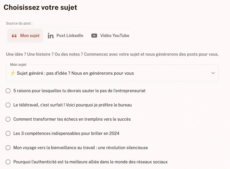 générateur de post LinkedIn - idée de sujet kawaak