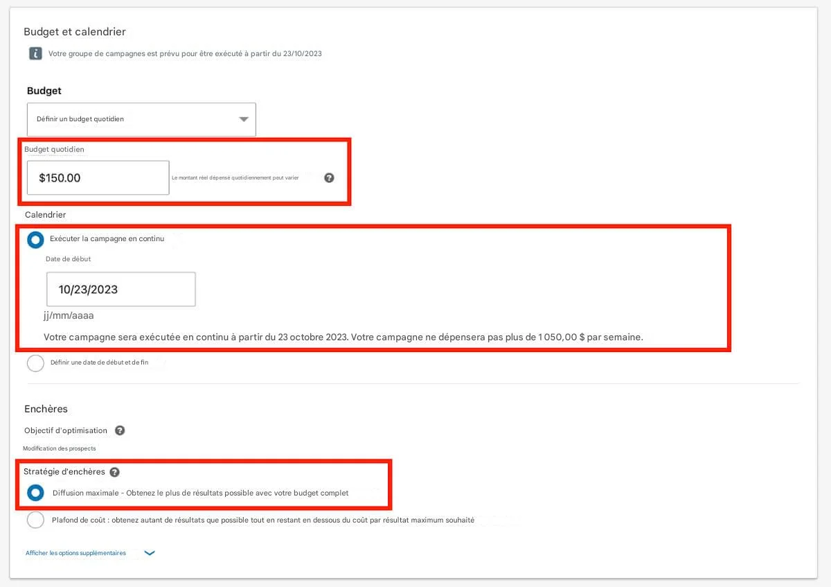 Budget et calendrier du Lead Gen Forms.