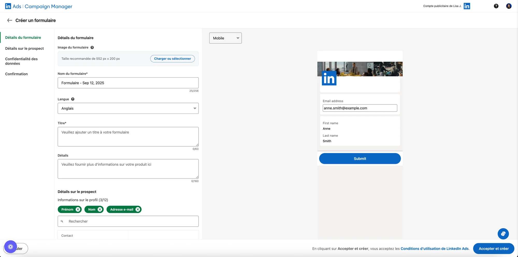 Remplir formulaire lead gen LinkedIn.