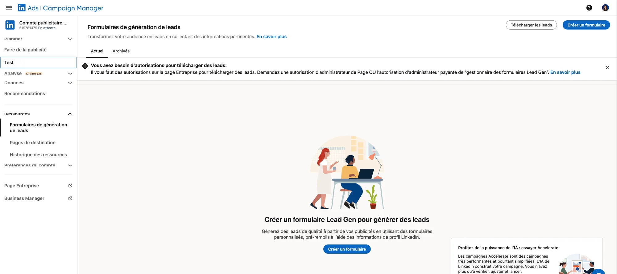 Créer formulaire lead generation LinkedIn.