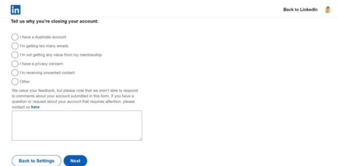 LinkedIn account closure feedback form