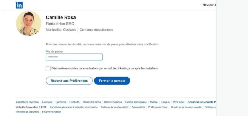 Interface modification mot de passe LinkedIn