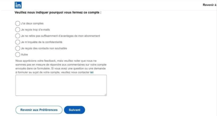 Formulaire fermeture compte LinkedIn