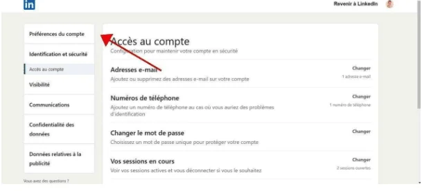 Paramètres compte LinkedIn accès sécurité