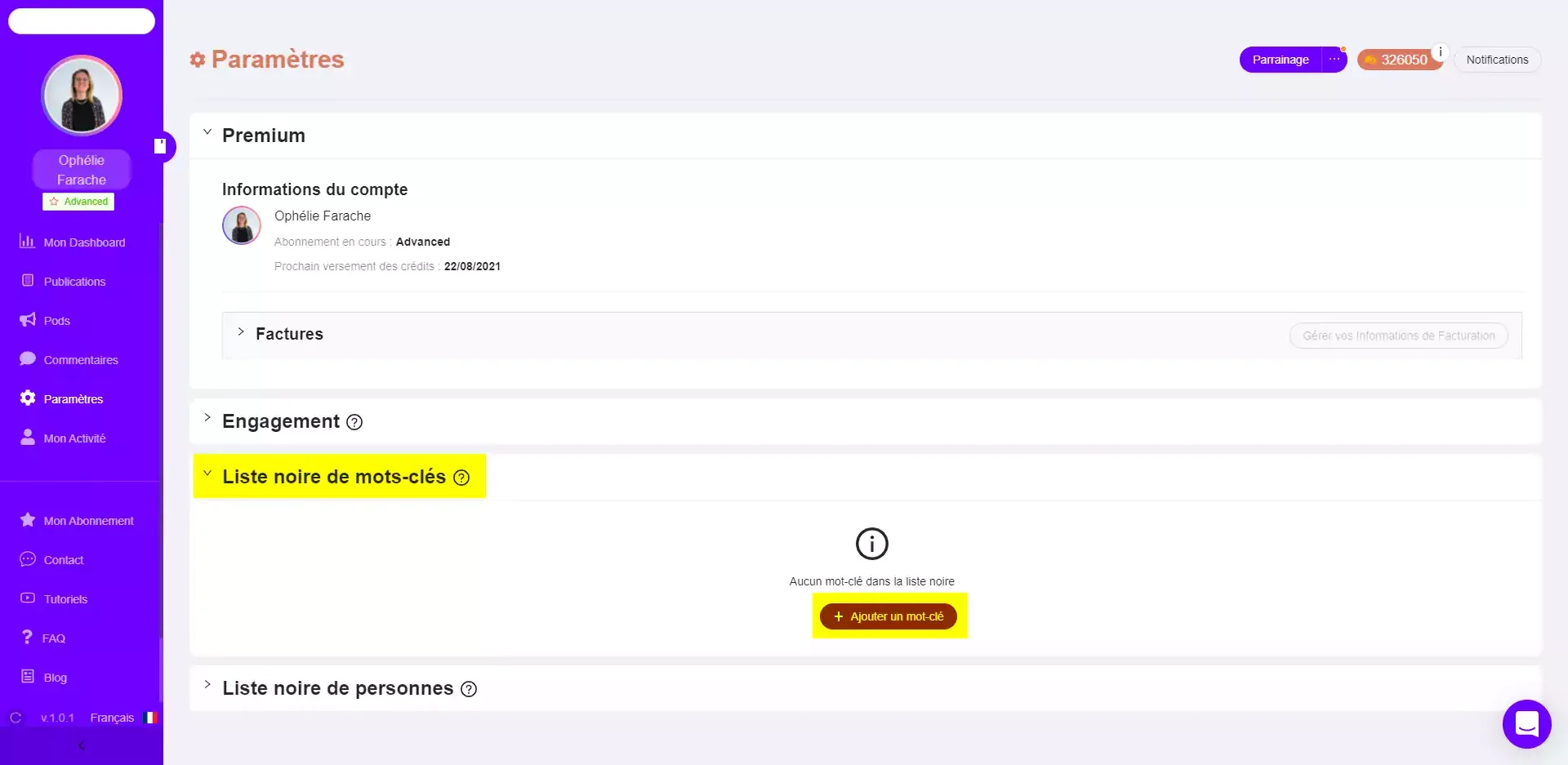 Paramètres compte premium Waalaxy