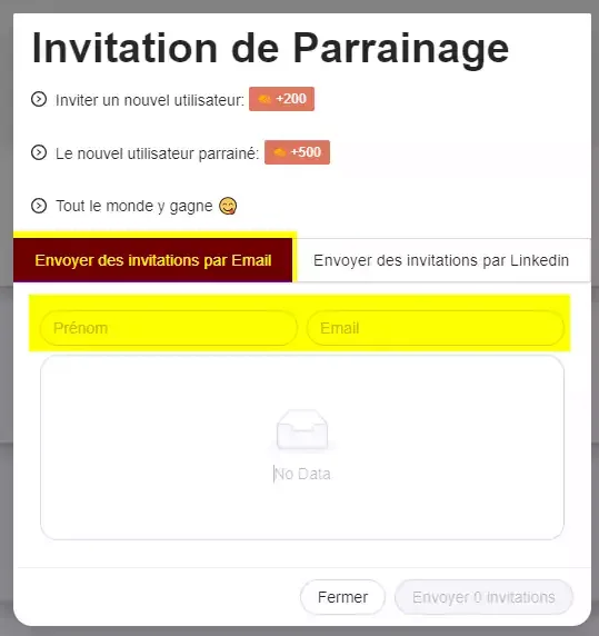Interface invitation parrainage Waalaxy