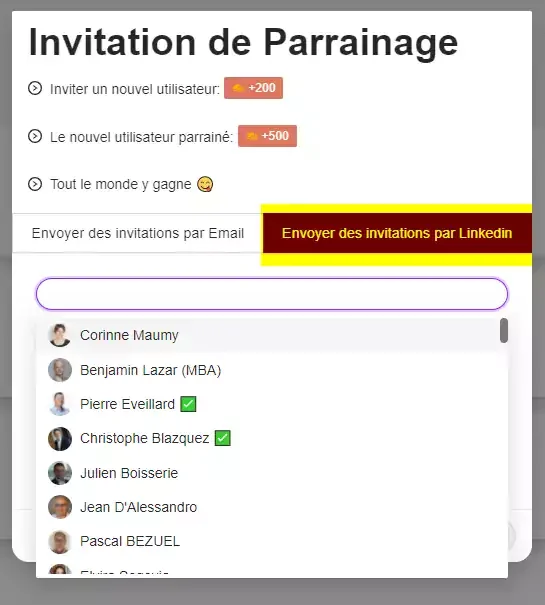 Interface invitation parrainage Waalaxy