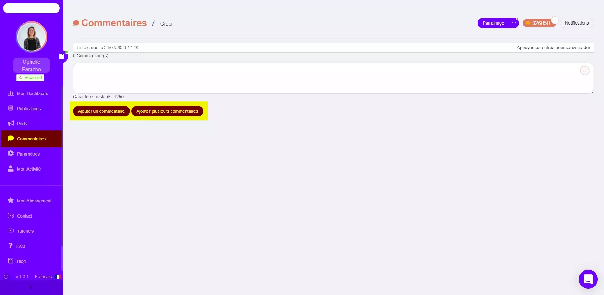 Interface commentaires Waalaxy création liste