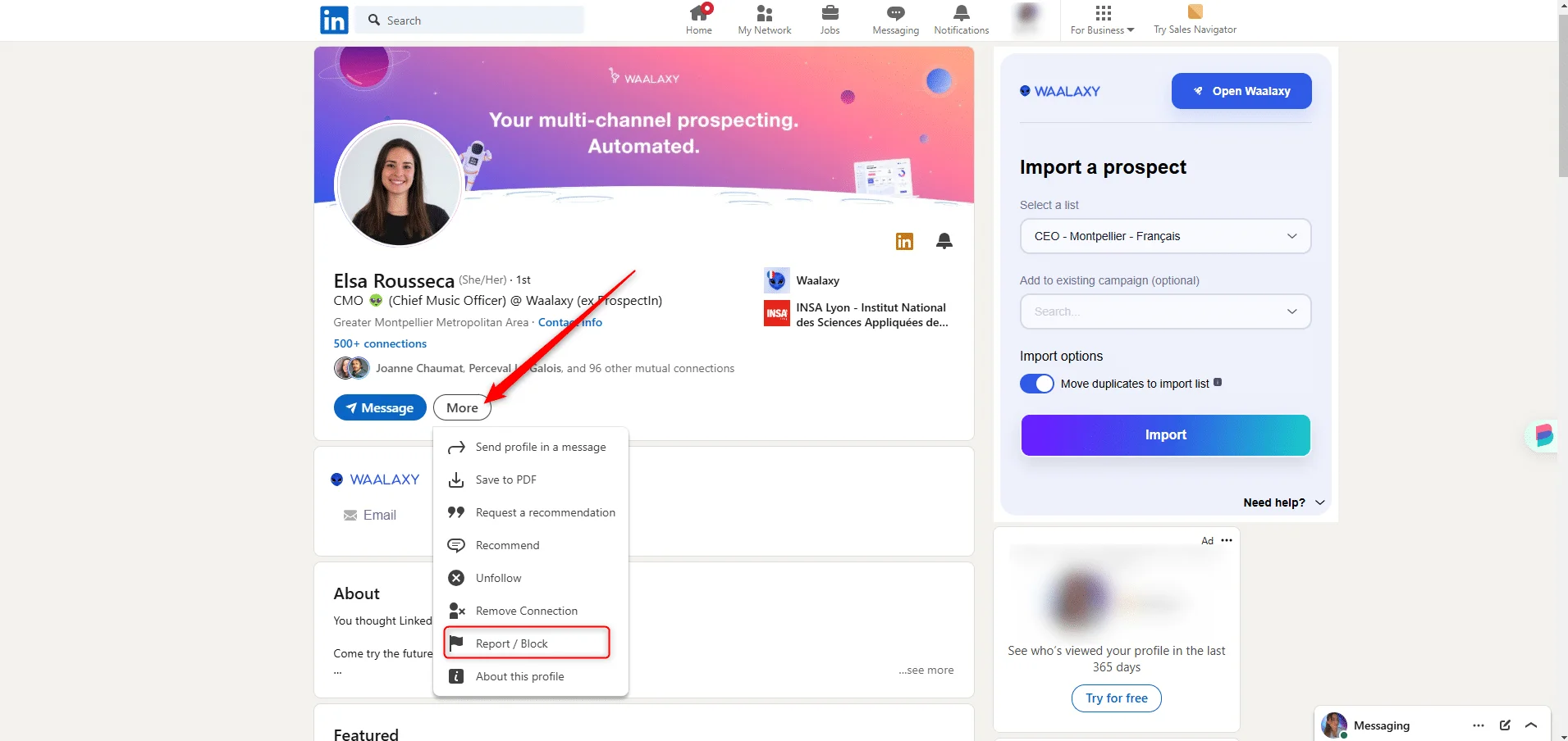 Profil LinkedIn Waalaxy prospection
