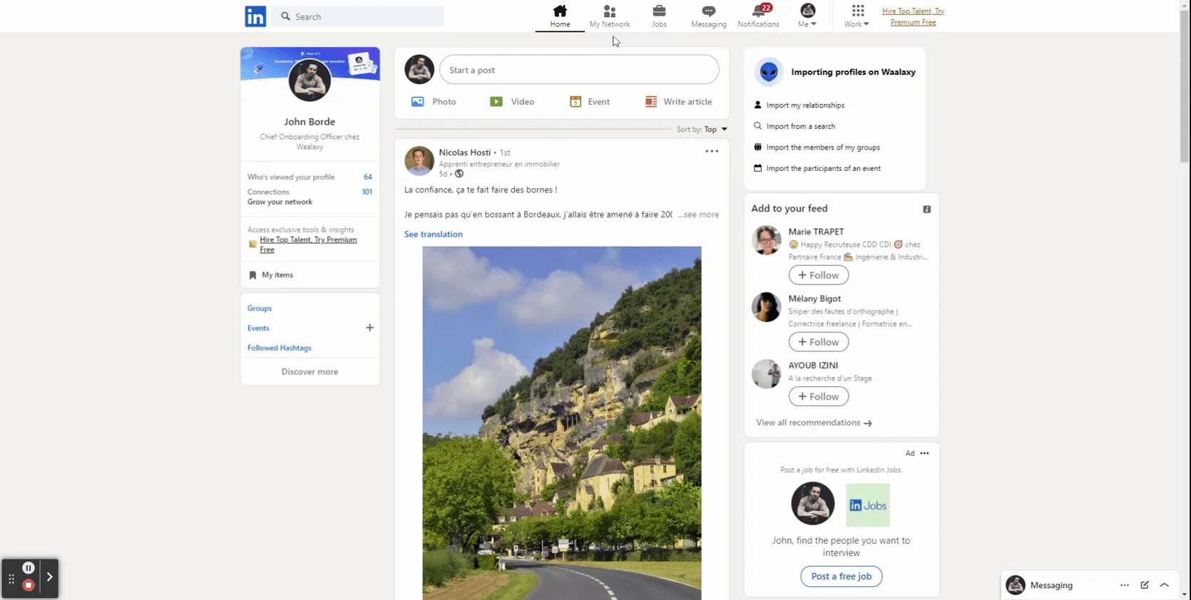 Interface LinkedIn prospection Waalaxy