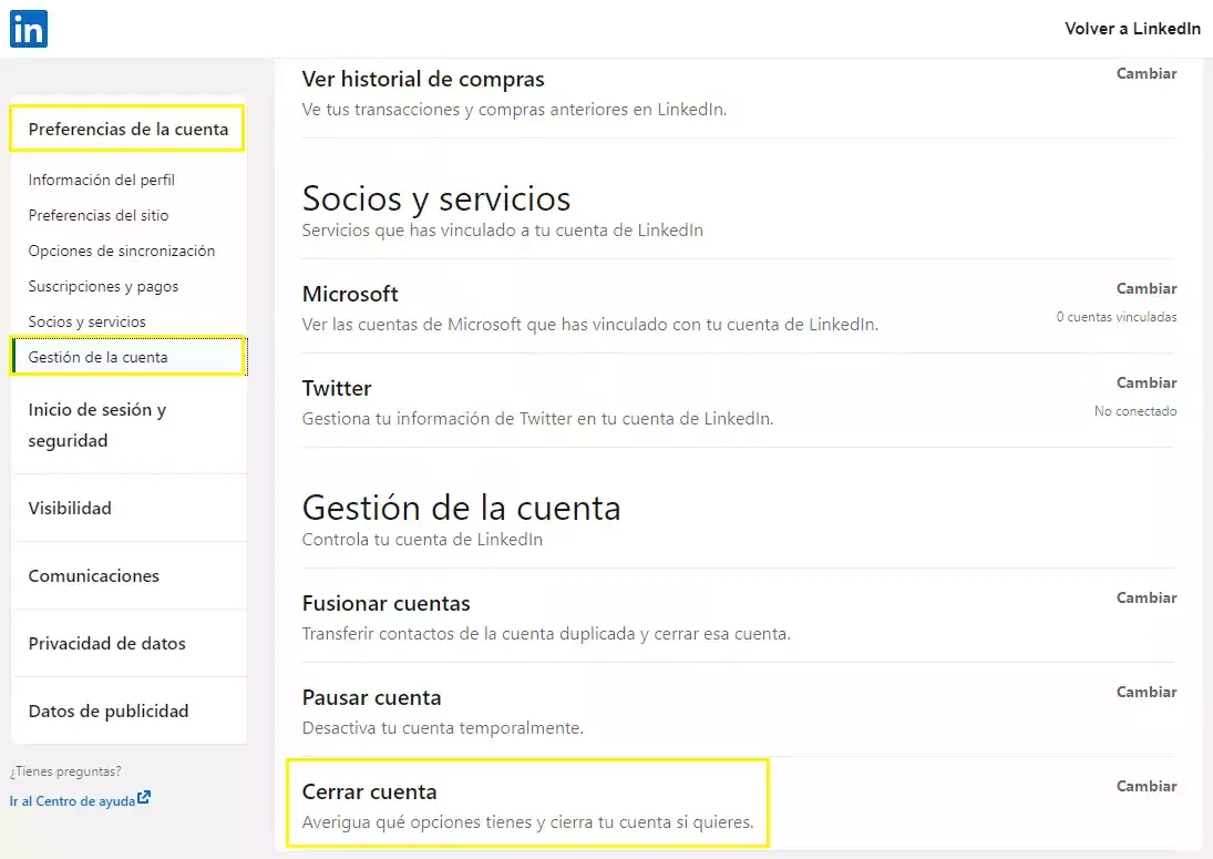 cerra cuenta LinkedIn