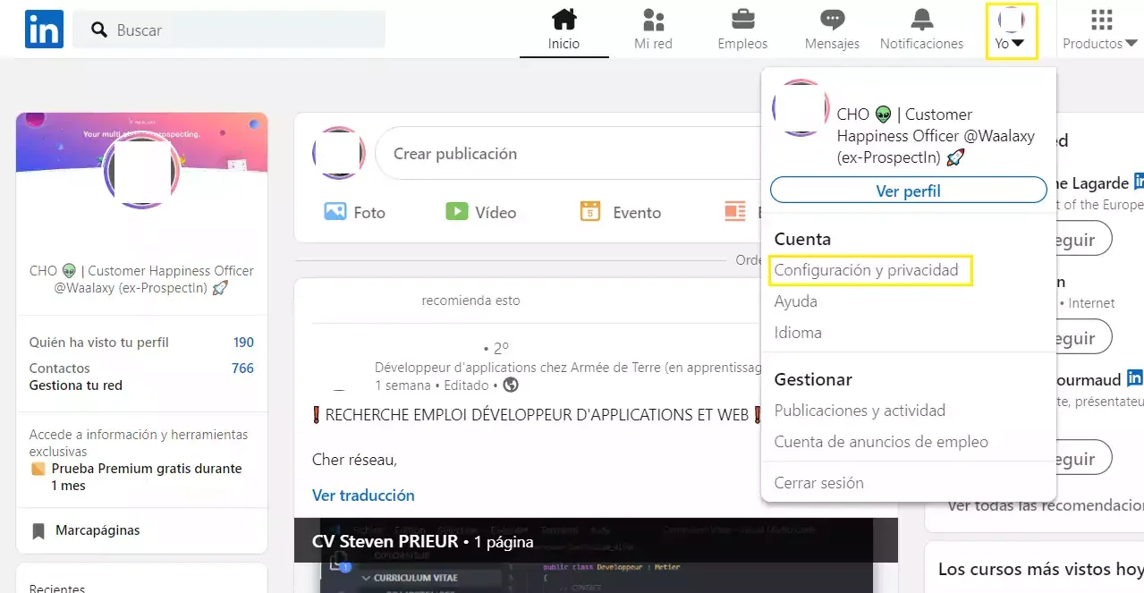 Menu profil LinkedIn Waalaxy configuration confidentialité