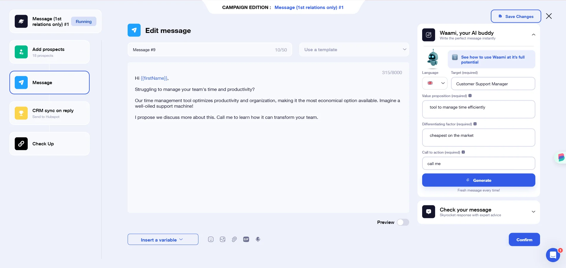 Waalaxy campaign message editor prospection