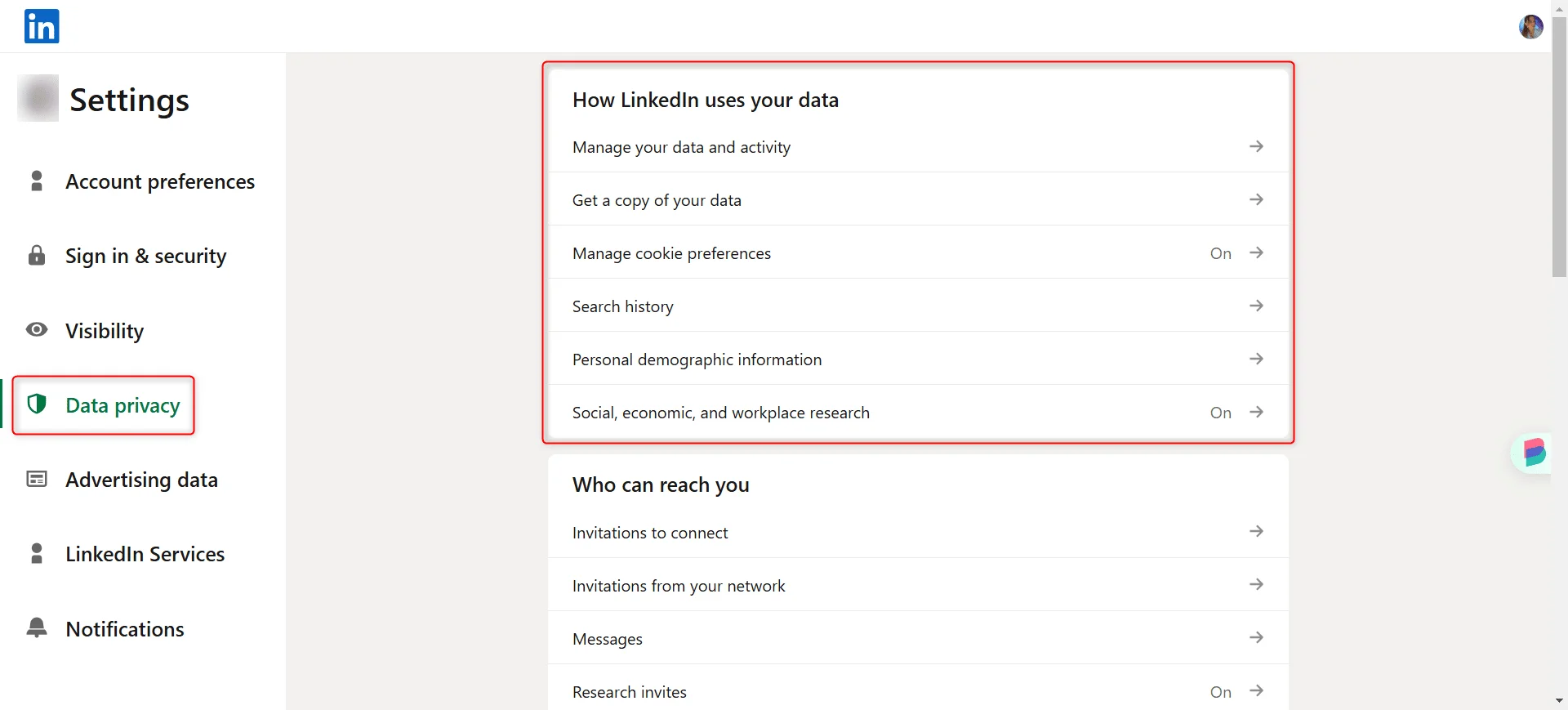 Page LinkedIn, section "Data privacy", options sur l'utilisation des données personnelles.