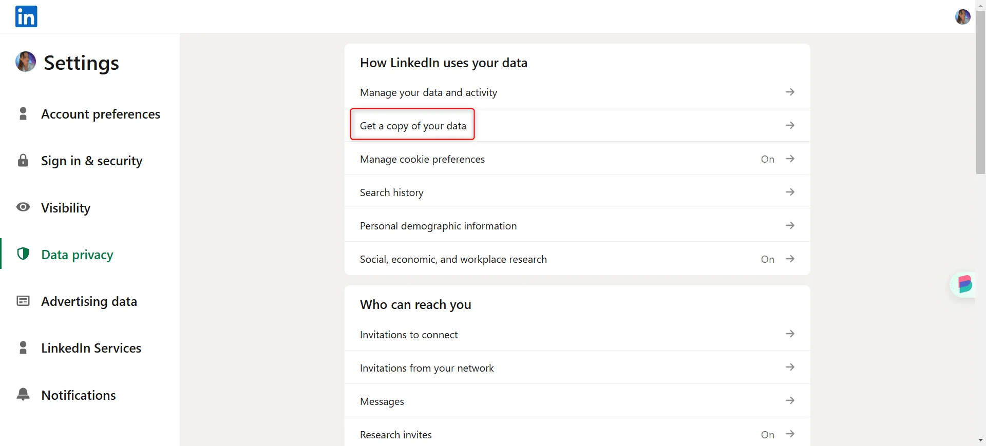 Paramètres LinkedIn de confidentialité des données