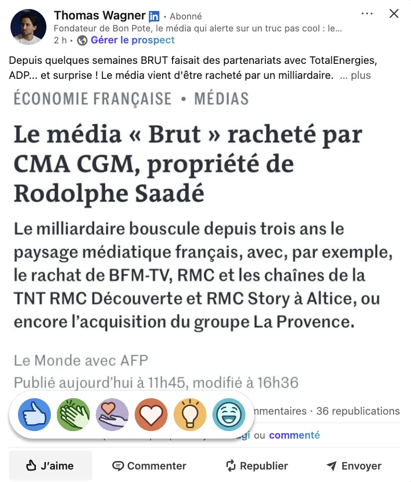 Emojis LinkedIn utilisés pour les réactions des posts