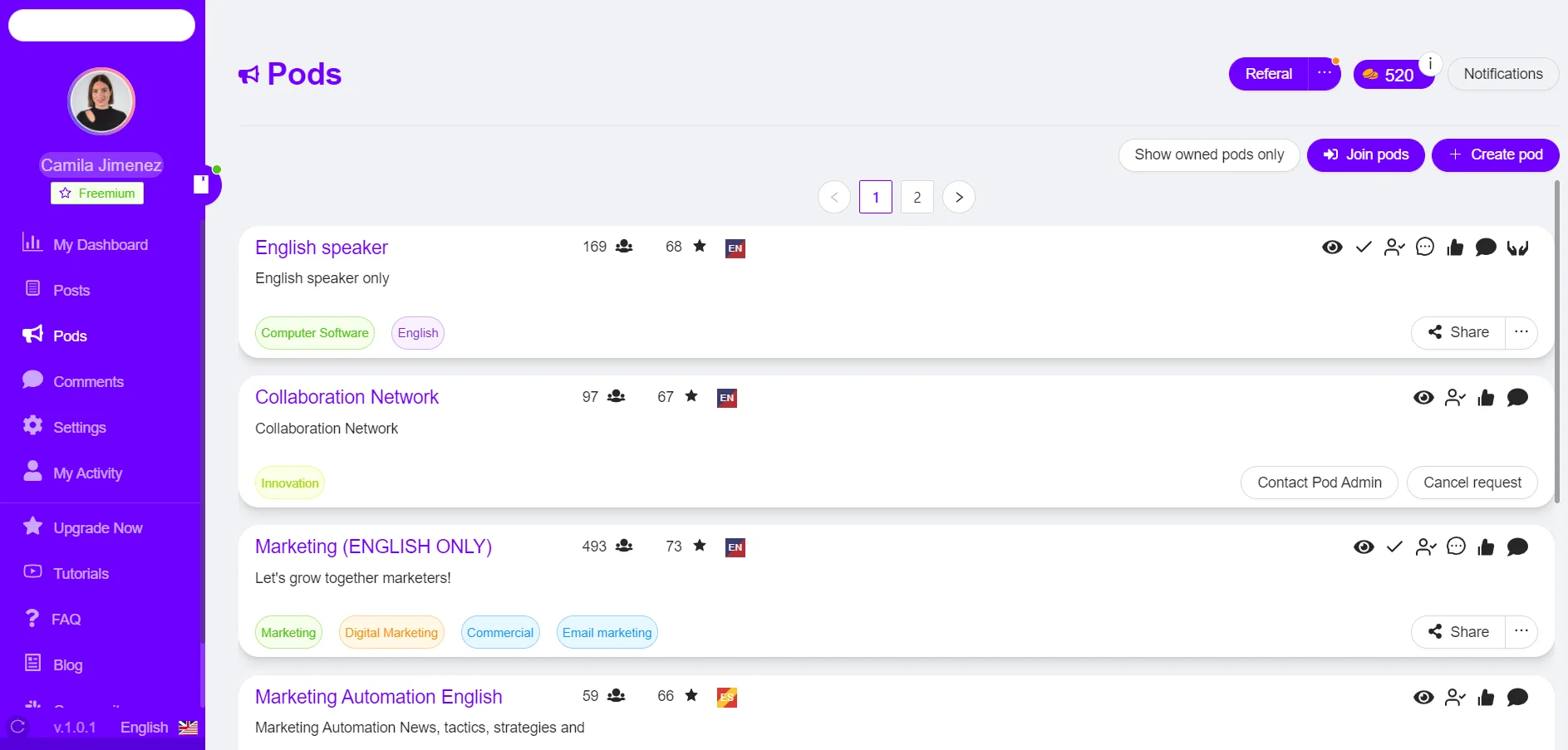 Interface Pods Waalaxy gestion communautés