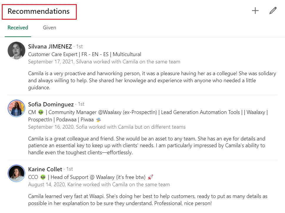Recommendations received LinkedIn profile