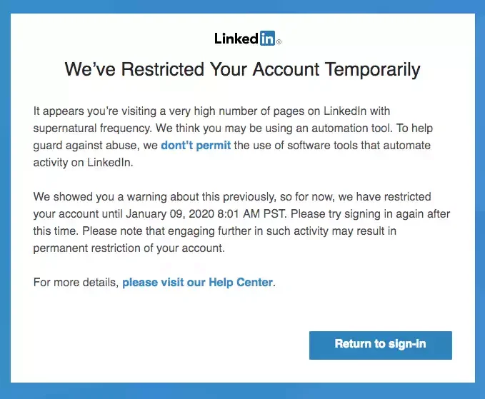 Compte LinkedIn restreint temporairement message