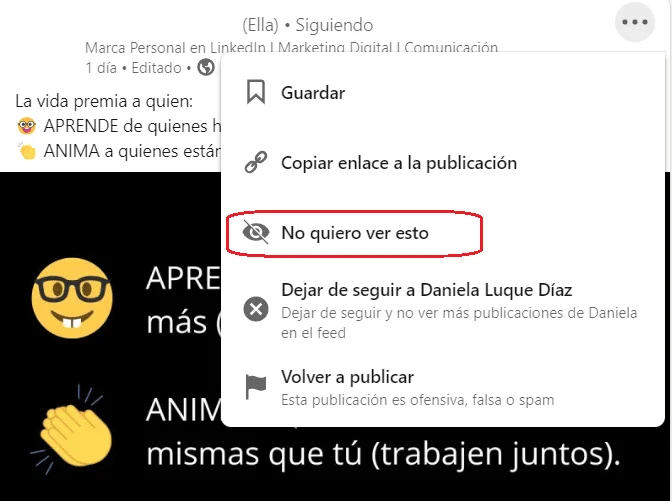 Menú opciones LinkedIn no quiero ver esto