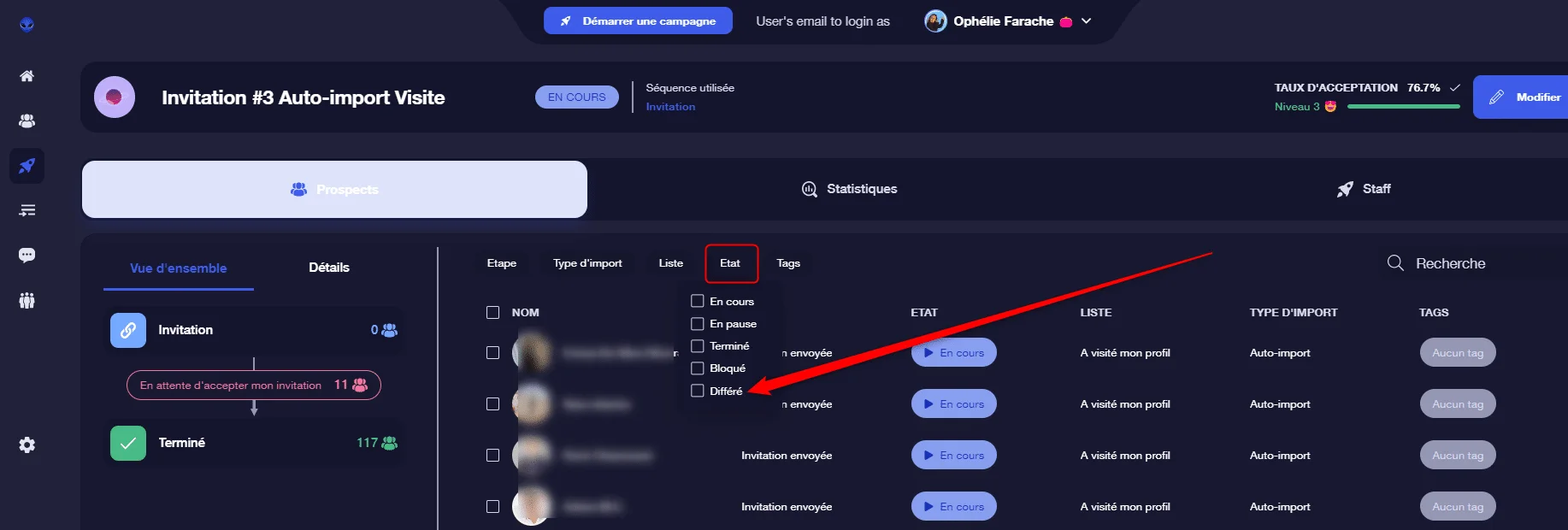 Page web d'invitation avec des options d'importation en cours, texte "En attente" sur l'image.