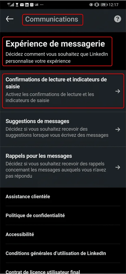 Paramètres communications LinkedIn messages