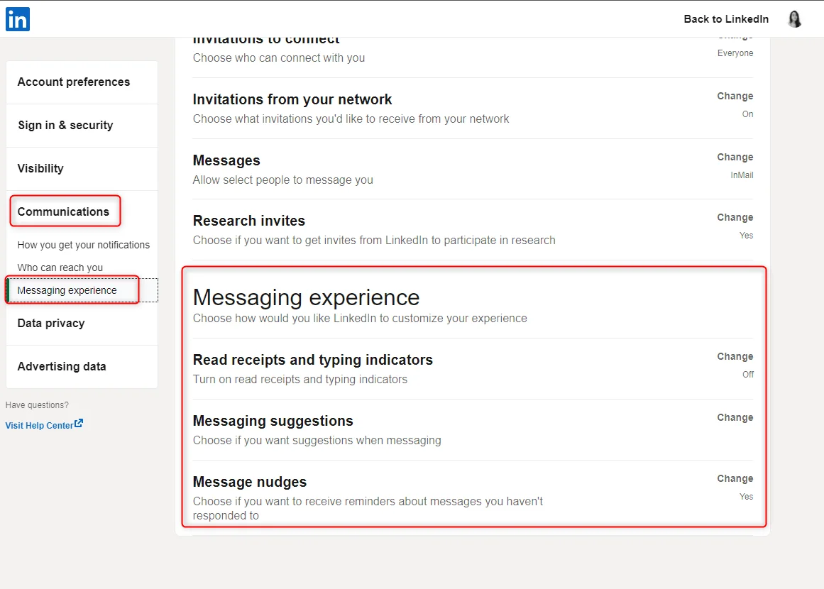 LinkedIn messaging experience preferences settings
