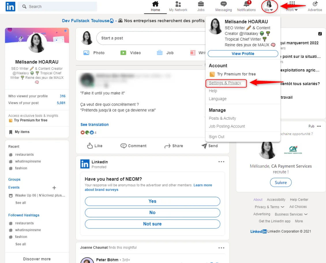 Accès paramètres confidentialité LinkedIn