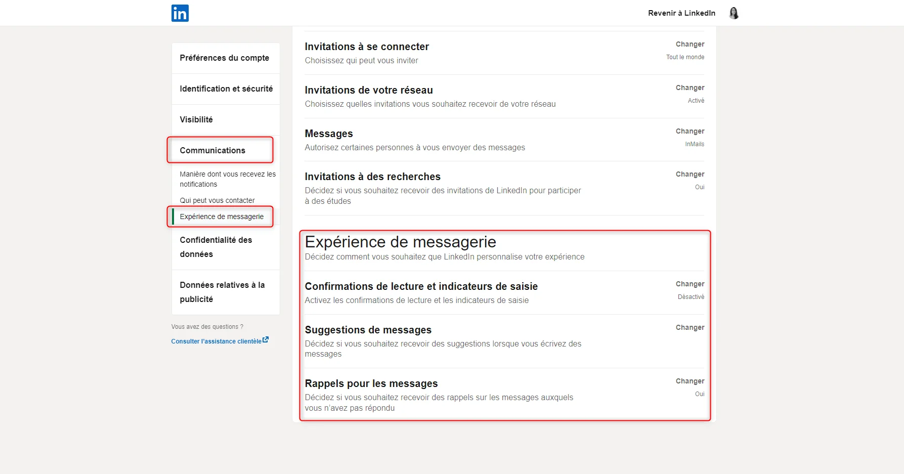 Page de paramètres d'interface utilisateur, section "Expérience de messagerie" avec des options telles que "Espacement du message" et "Taille des messages".