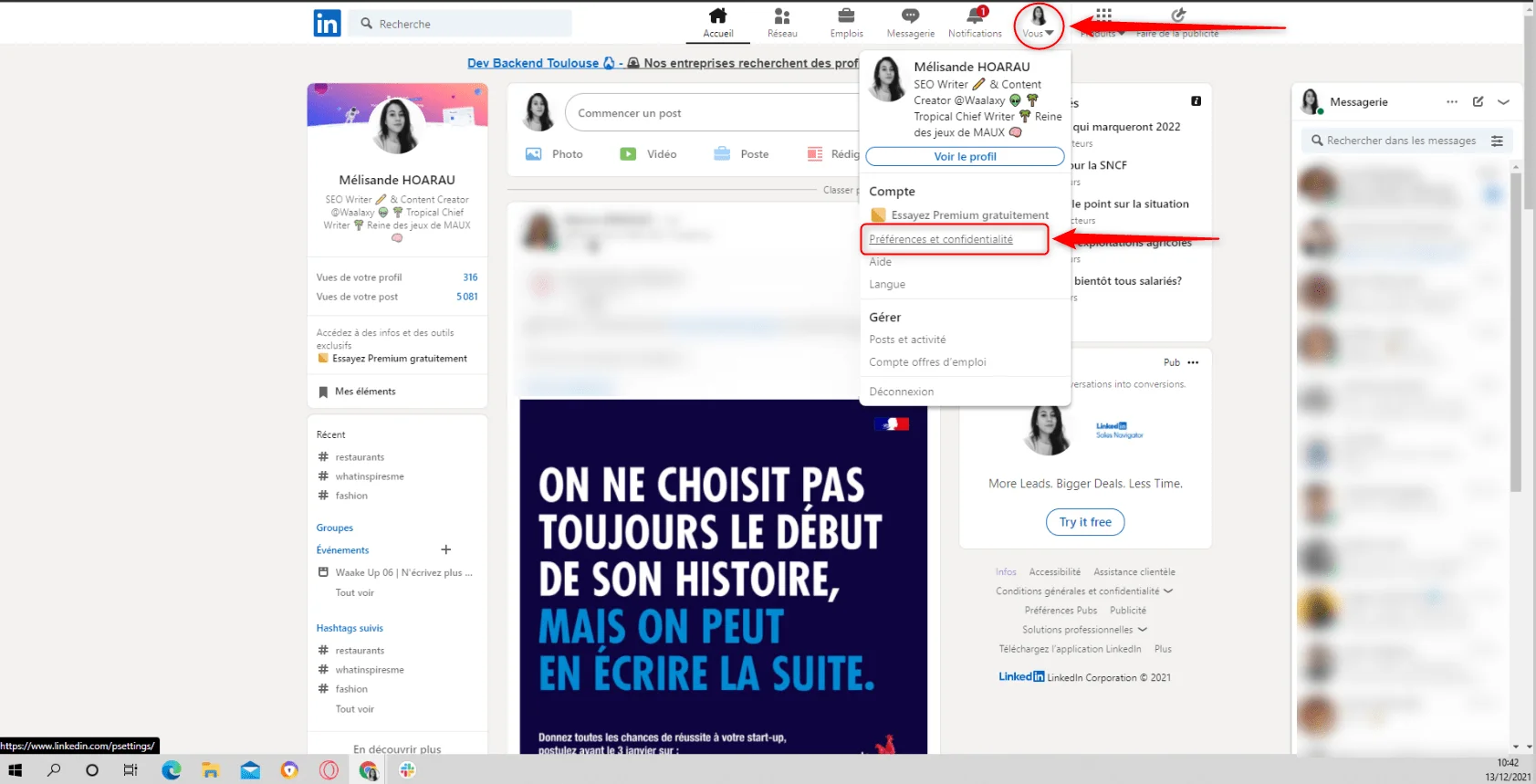 Page Facebook avec un message en évidence: "On ne choisit pas toujours le début de son histoire mais on peut en écrire la suite." Des commentaires et des likes sont visibles à droite. Un navigateur web est ouvert sur l'écran.