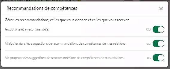 Paramètres recommandations compétences Waalaxy